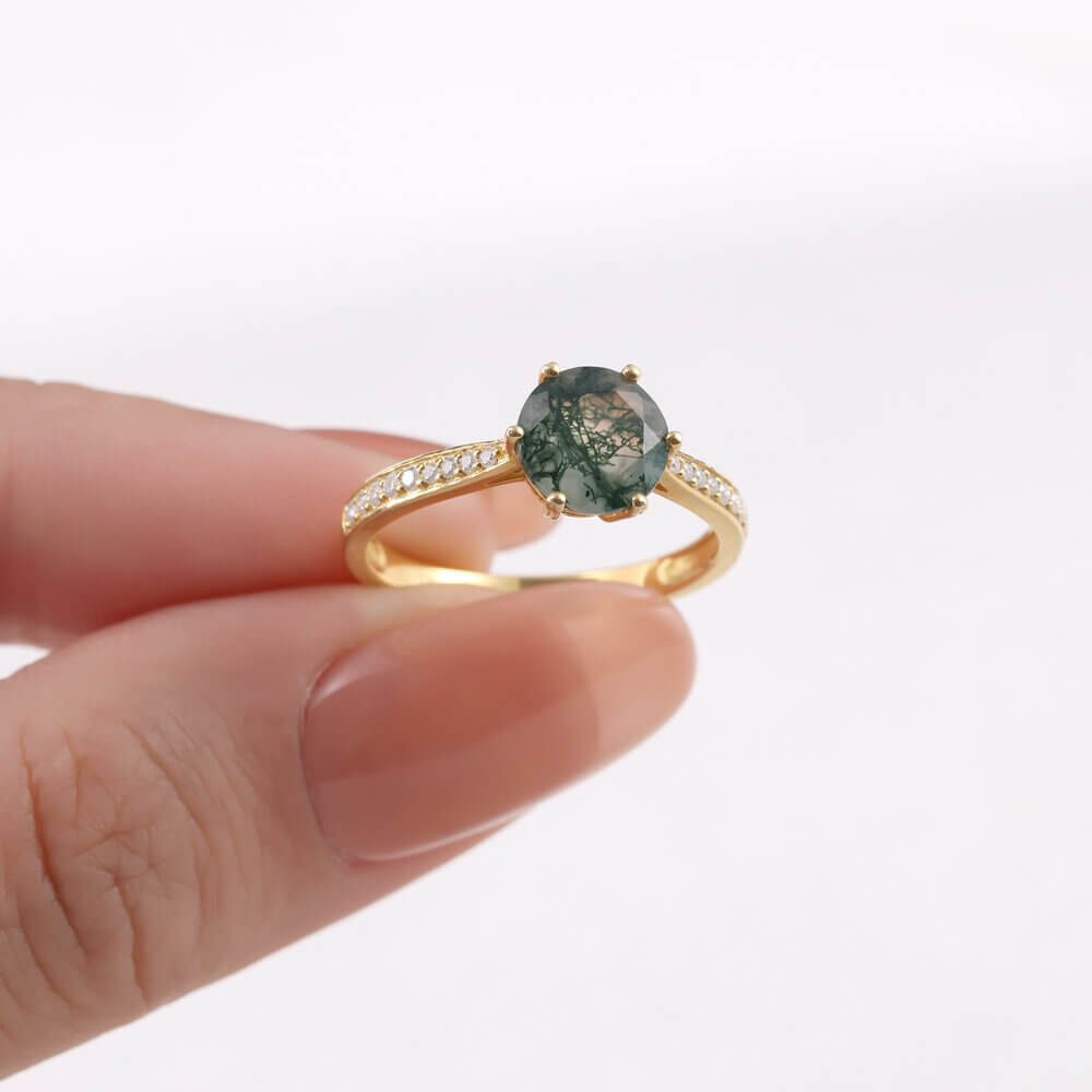 Green Moss Agate Ring Round Shaped with Moissanite Sterling Silver