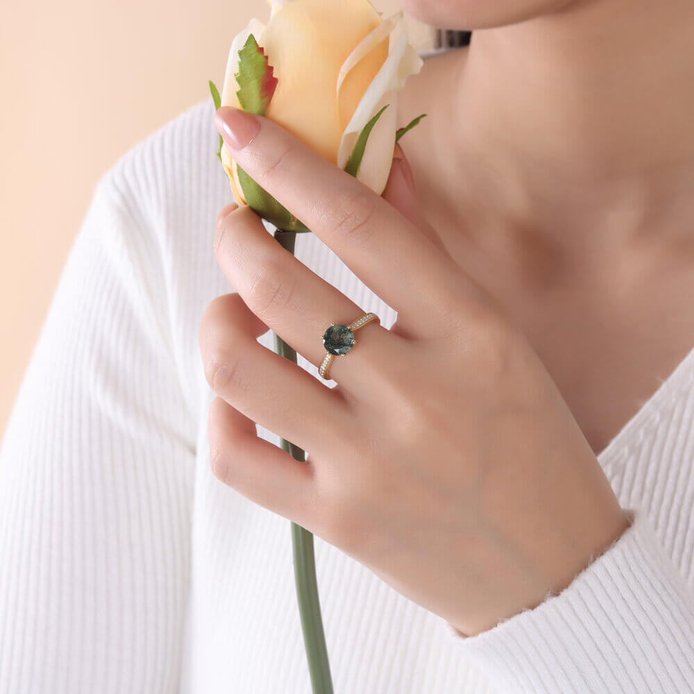 Green Moss Agate Ring Round Shaped with Moissanite Sterling Silver