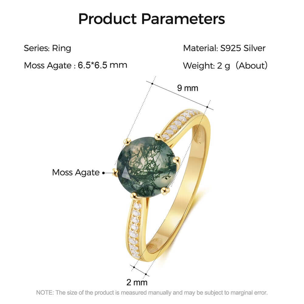 Green Moss Agate Ring Round Shaped with Moissanite Sterling Silver