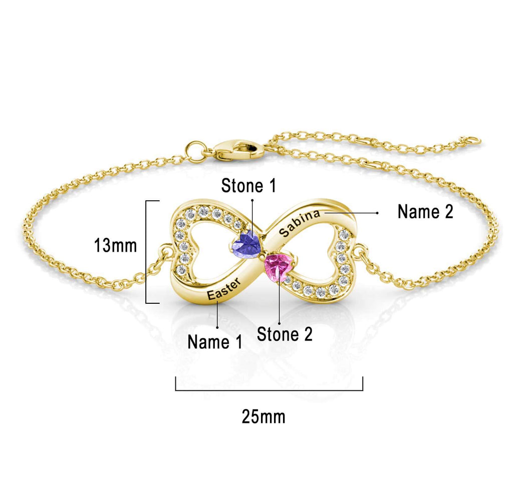 Personalised Infinity Bracelet with Engraving - 2 Birthstone - Gold - IFSHE UK