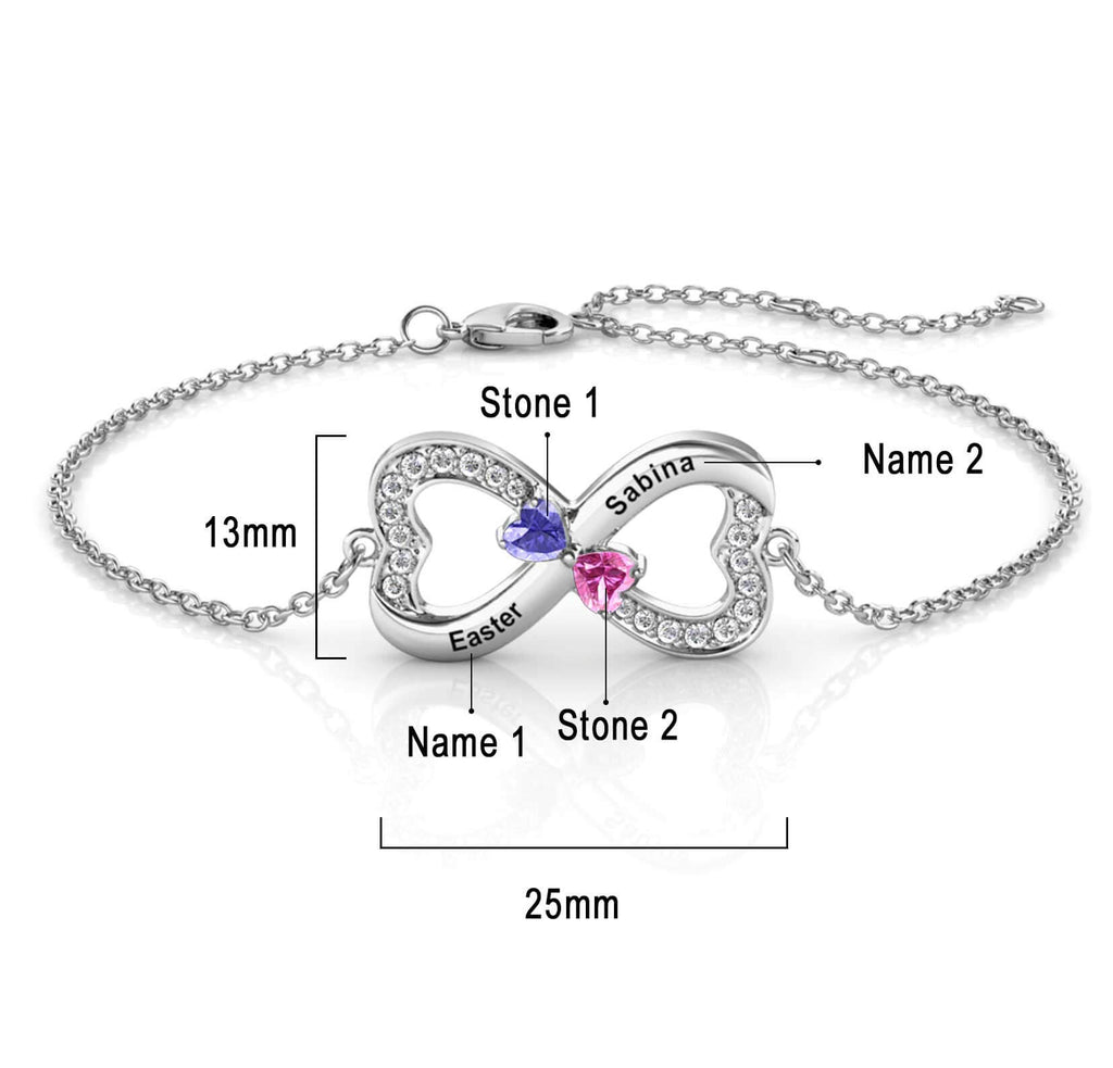 Personalised Infinity Bracelet with Engraving - 2 Birthstone - Sterling Silver - IFSHE UK