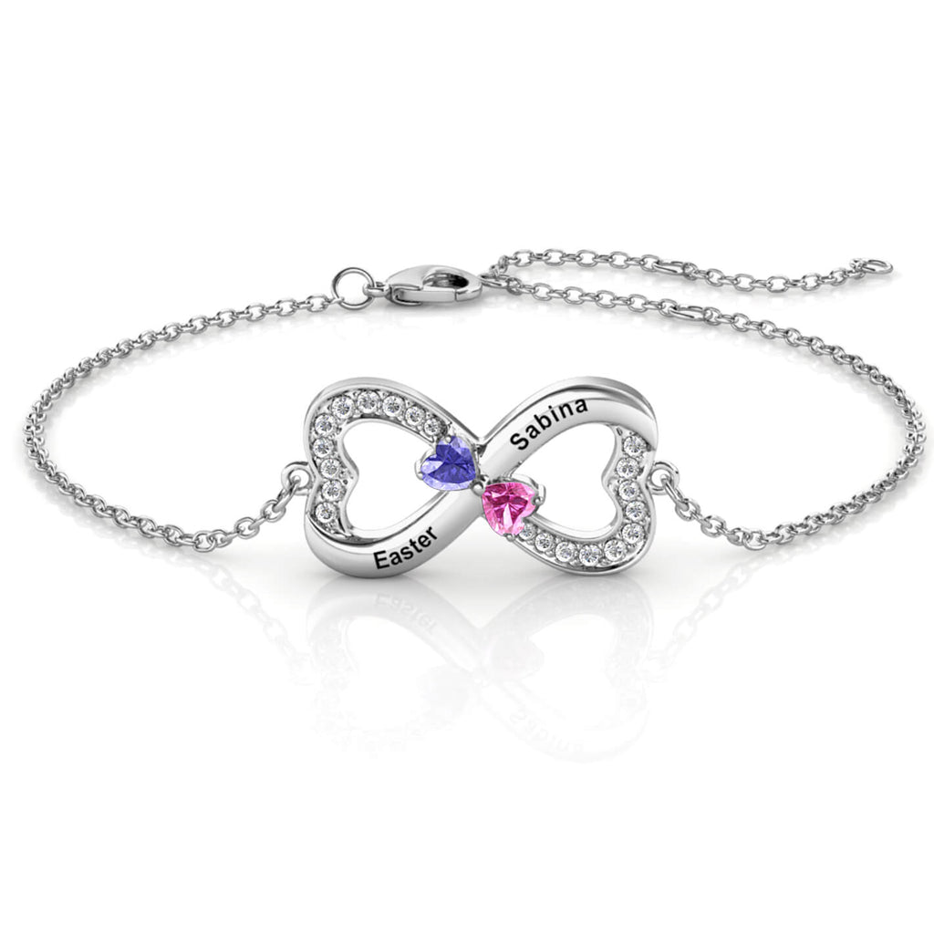 Personalised Infinity Bracelet with Engraving - 2 Birthstone - Sterling Silver - IFSHE UK