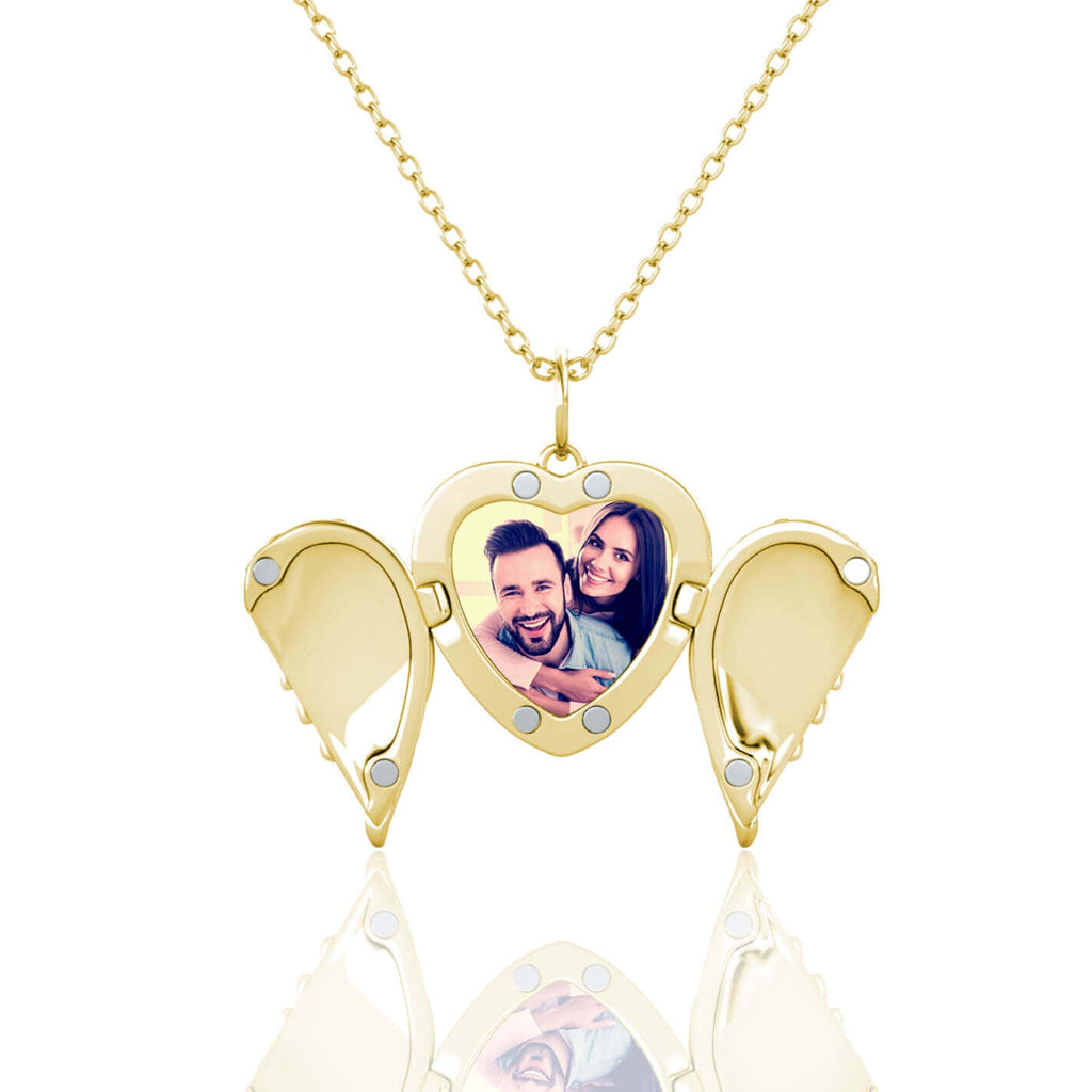 Personalised Angel Wings Locket with Photo - Locket with Picture Inside - Gold