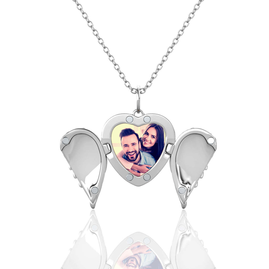 Personalised Angel Wings Locket with Photo - Locket with Picture Inside - Sterling Silver
