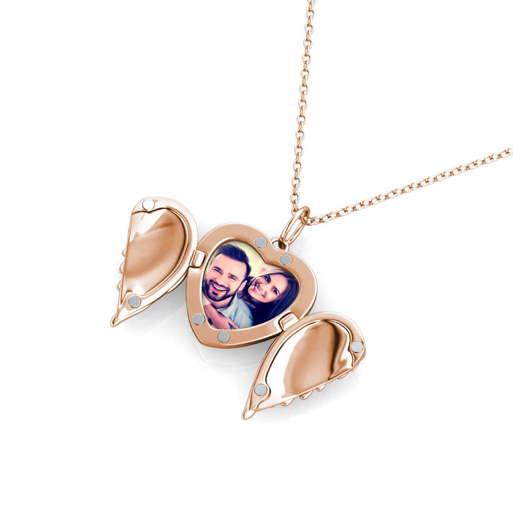 Personalised Angel Wings Locket with Photo - Locket with Picture Inside - Rose Gold