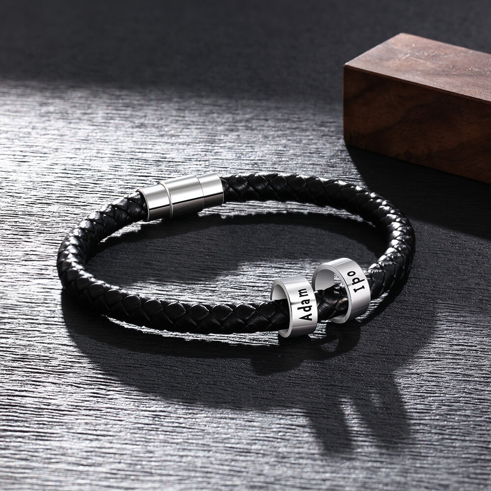 Men's Leather Bracelet - 2 Sterling Silver Beads - Name Bracelet - IFSHE UK