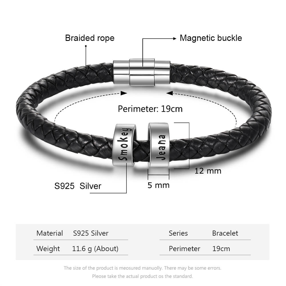 Men's Leather Bracelet - 2 Sterling Silver Beads - Name Bracelet - IFSHE UK