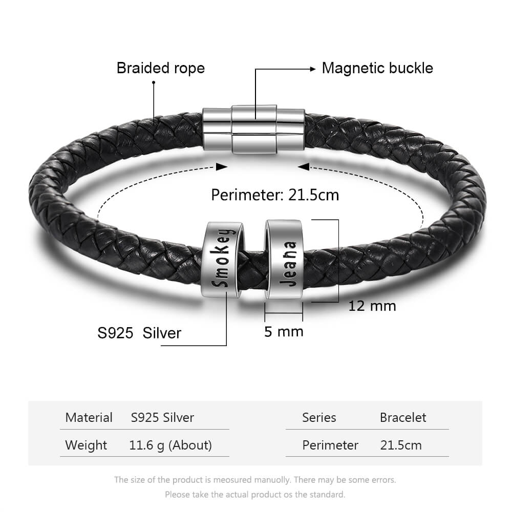 Men's Leather Bracelet - 2 Sterling Silver Beads - Name Bracelet - IFSHE UK