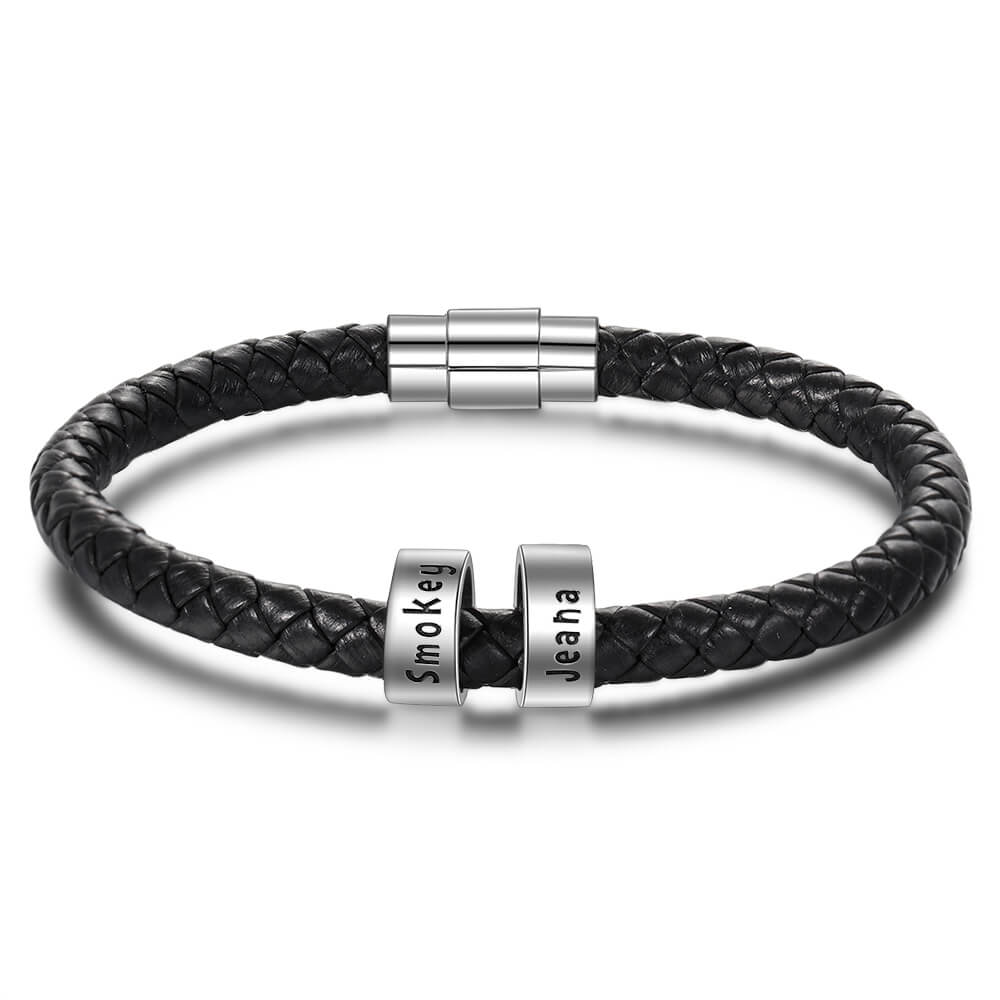 Men's Leather Bracelet - 2 Sterling Silver Beads - Name Bracelet - IFSHE UK