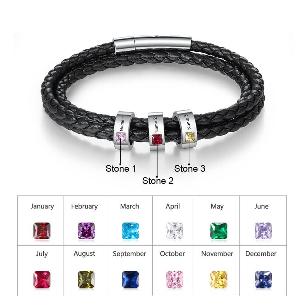 Men's Leather Bracelet, 3 Beads 3 Birthstones, Engraved Name Bracelet, IFSHE UK