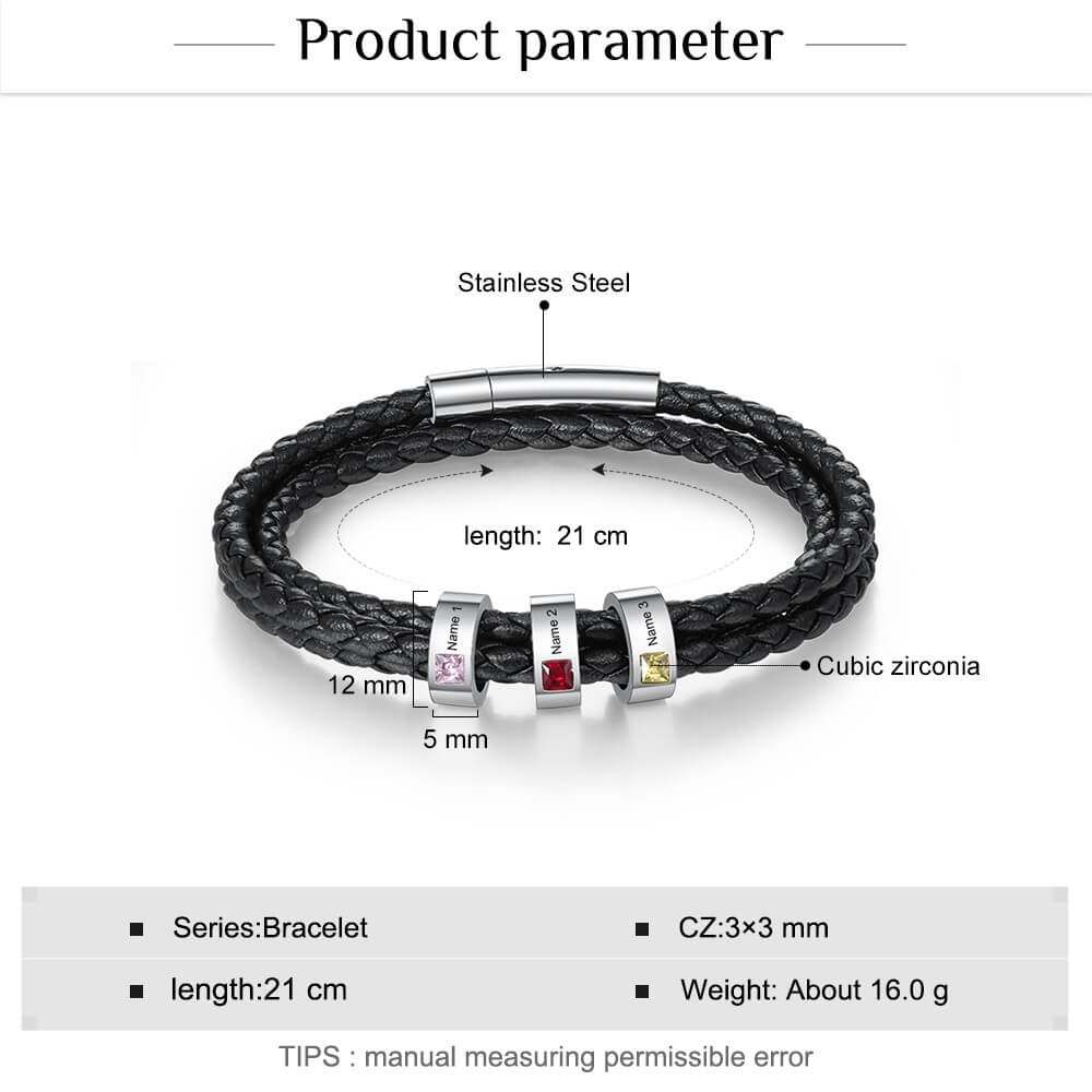 Mens Black Leather and Black Stainless Steel Bracelet with Cubic Zirconia