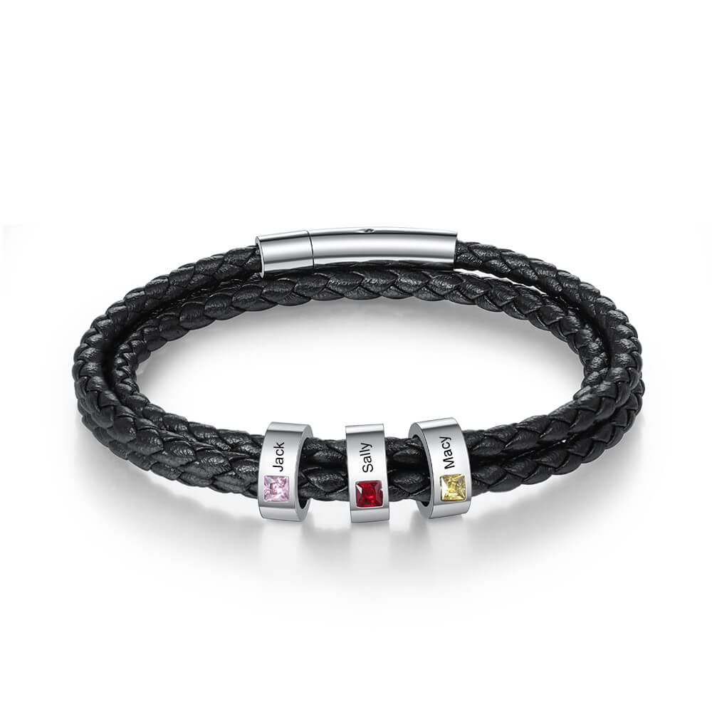 Men's Leather Bracelet, 3 Beads 3 Birthstones, Engraved Name Bracelet, IFSHE UK