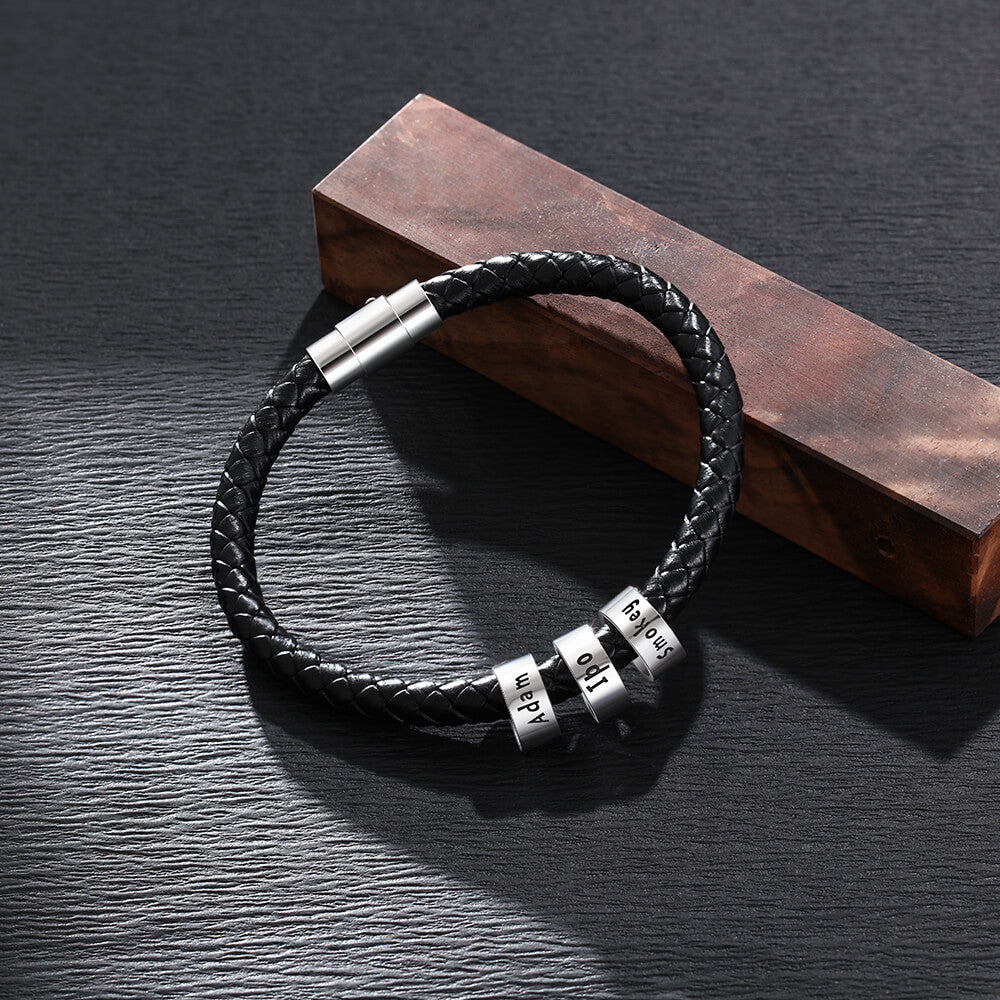 Men's Leather Bracelet - 3 Sterling Silver Beads - Name Bracelet - IFSHE UK