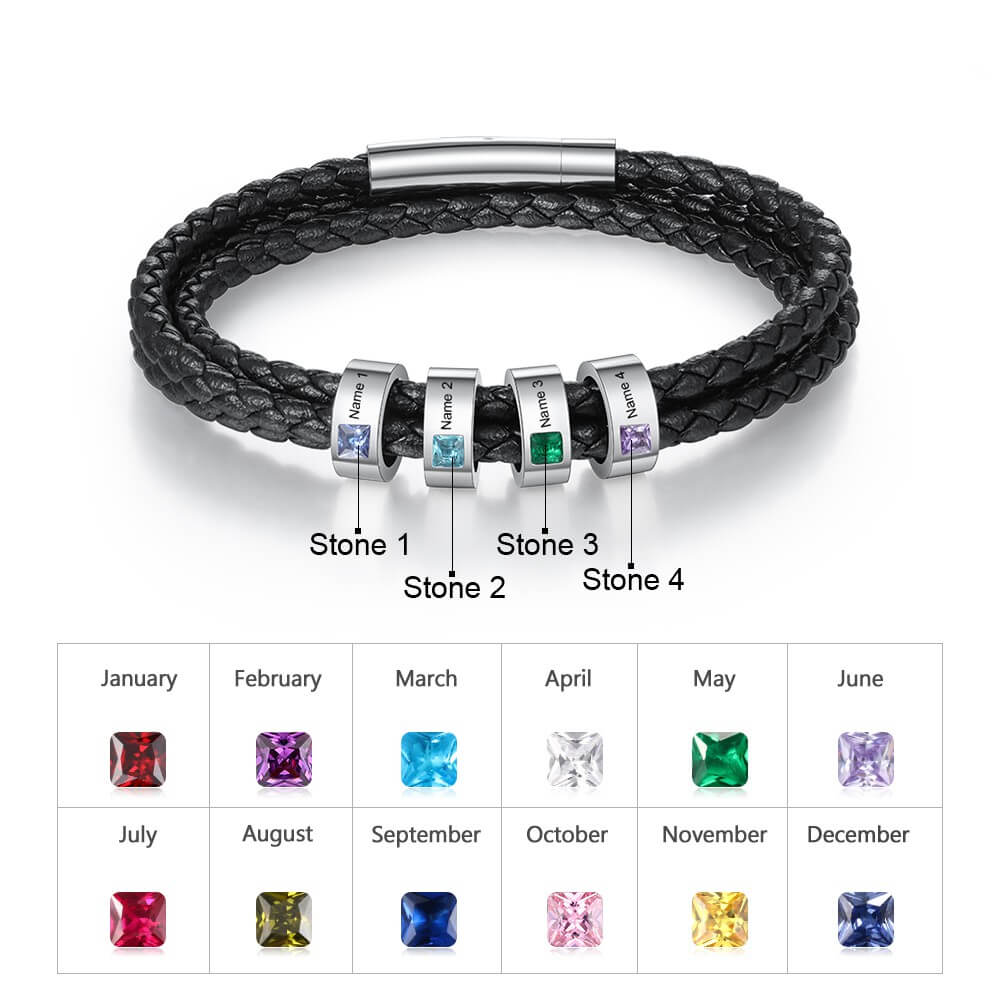 Men's Leather Bracelet, 4 Beads 4 Birthstones, Engraved Name Bracelet, IFSHE UK