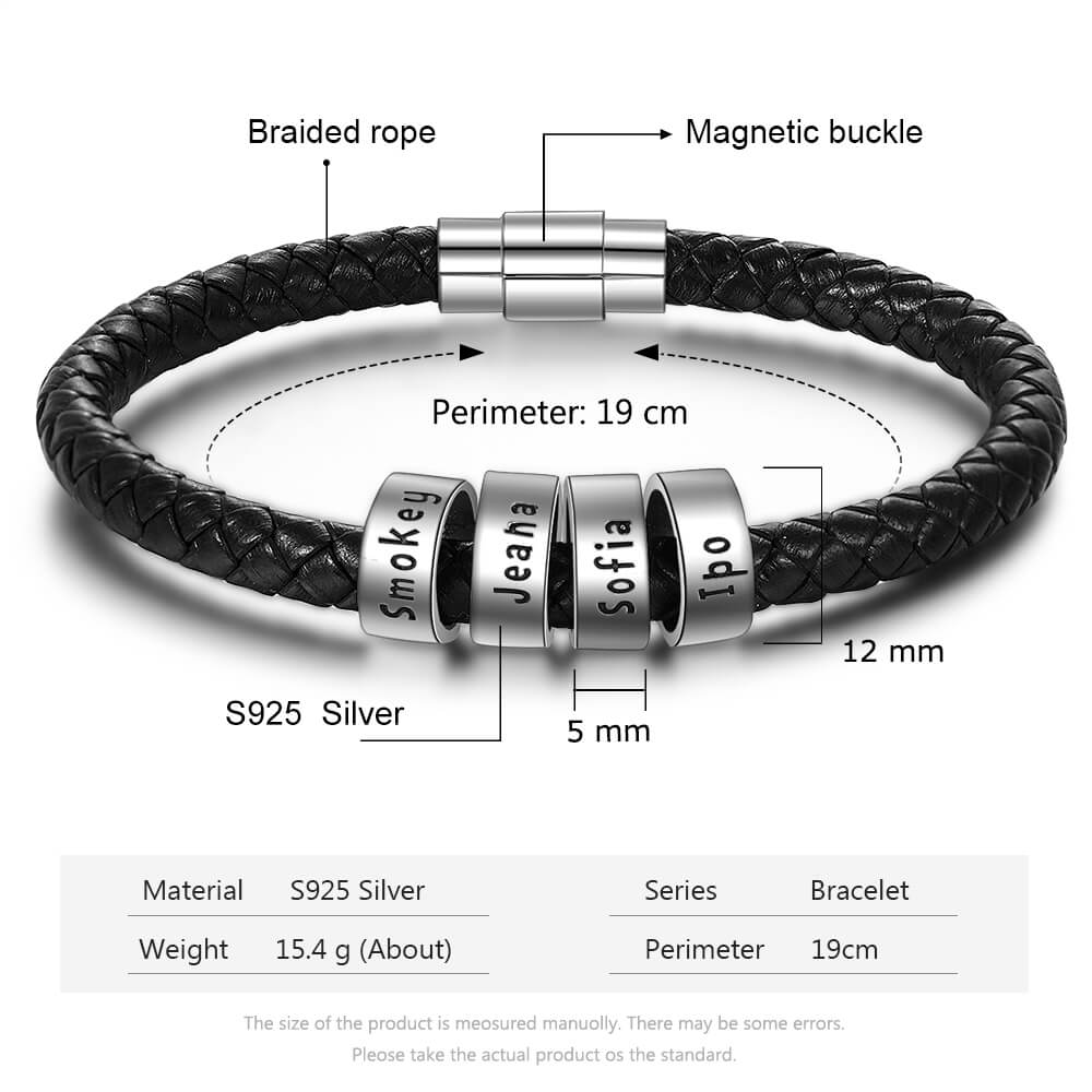 Men's Leather Bracelet - 4 Sterling Silver Beads - Name Bracelet - IFSHE UK