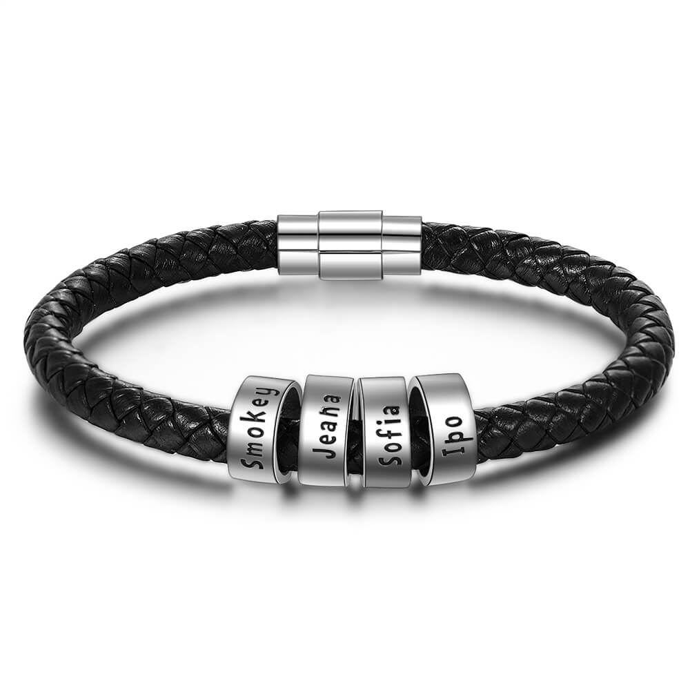 Men's Leather Bracelet - 4 Sterling Silver Beads - Name Bracelet - IFSHE UK