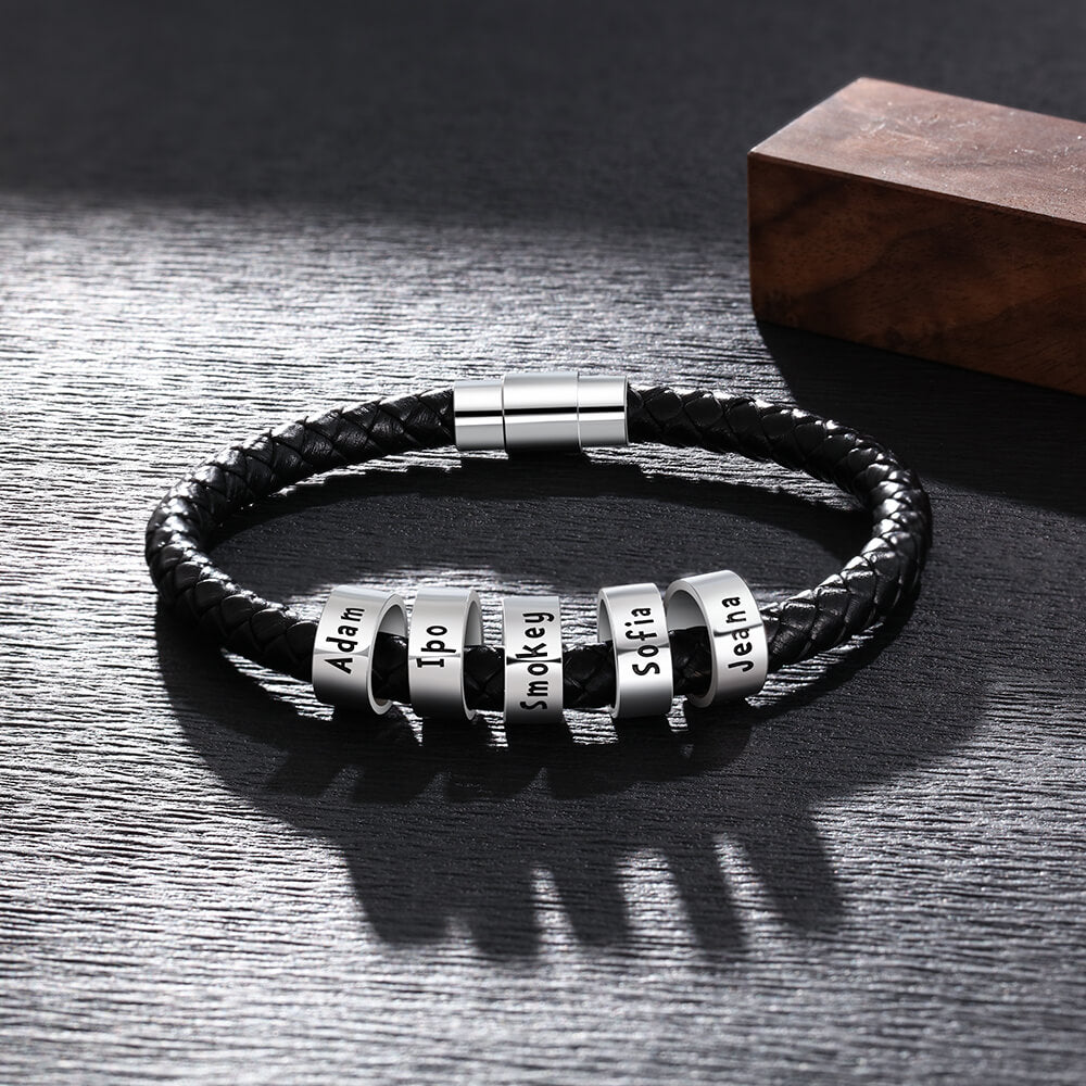 Men's Leather Bracelet - 5 Sterling Silver Beads - Name Bracelet - IFSHE UK