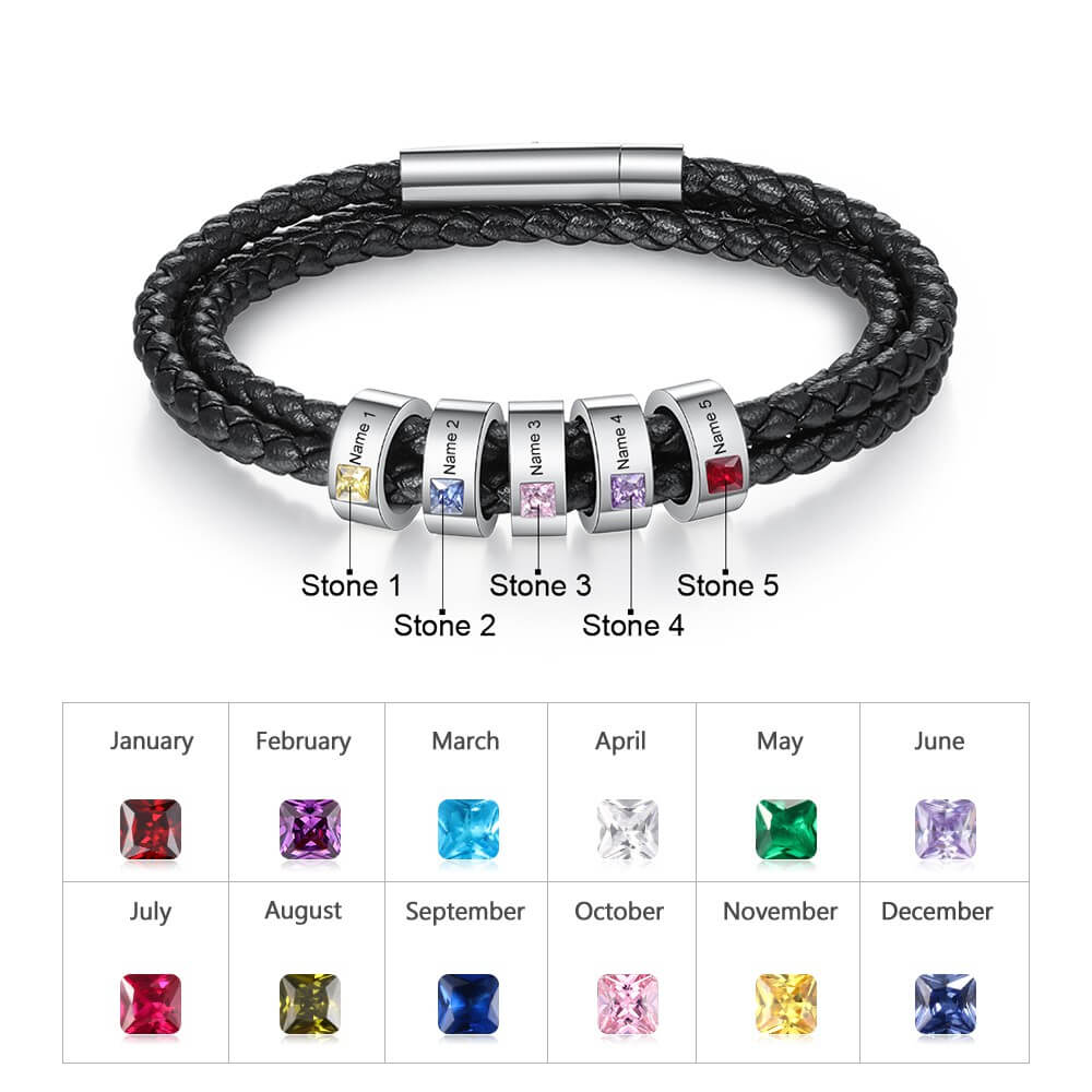 Men's Leather Bracelet, 5 Beads 5 Birthstones, Engraved Name Bracelet, IFSHE UK