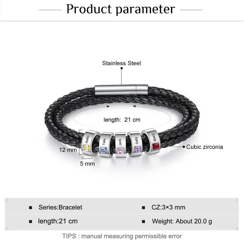 Men's Leather Bracelet, 5 Beads 5 Birthstones, Engraved Name Bracelet, IFSHE UK
