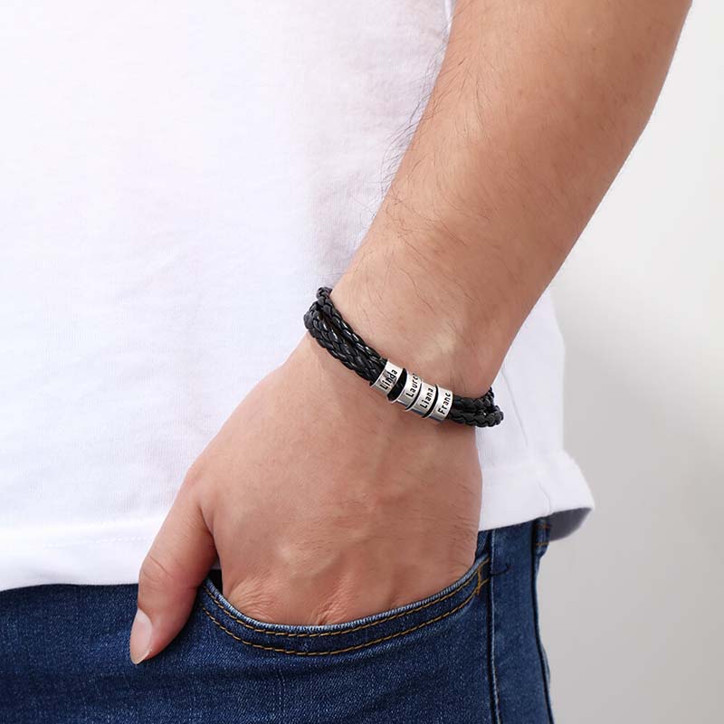 Men's Leather Bracelet, 4 Sterling Silver Beads, Engraved Name Bracelet, IFSHE UK