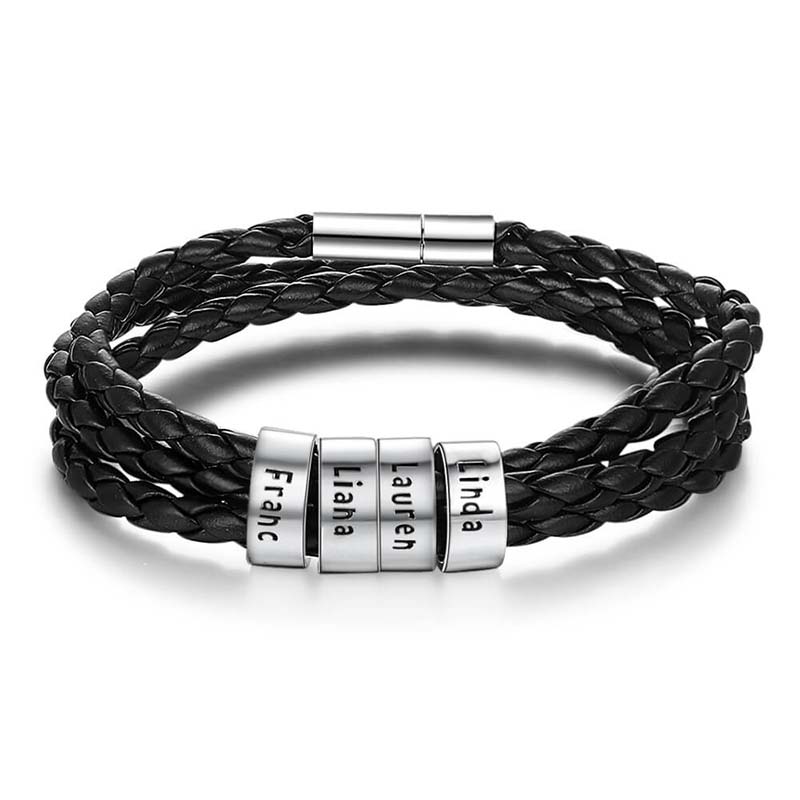 Men's Leather Bracelet, 4 Sterling Silver Beads, Engraved Name Bracelet, IFSHE UK