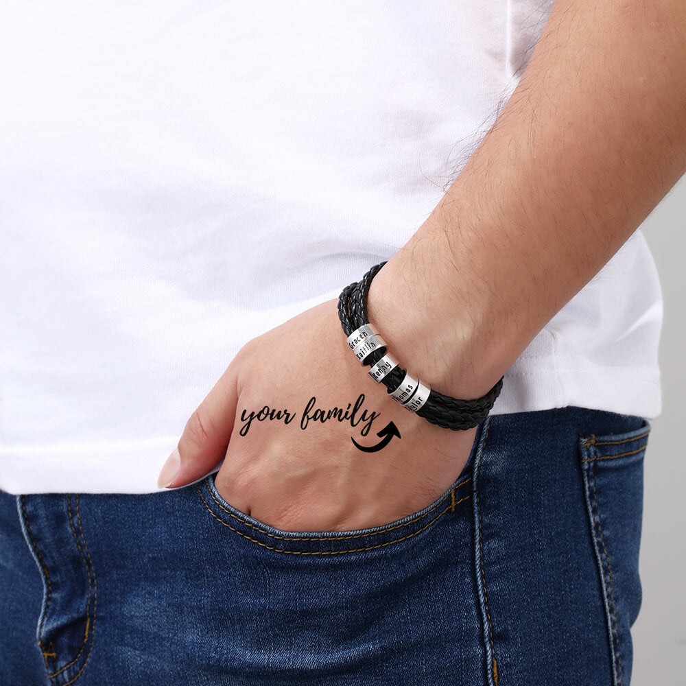 Men's Leather Bracelet, 5 Sterling Silver Beads, Engraved Name Bracelet, IFSHE UK