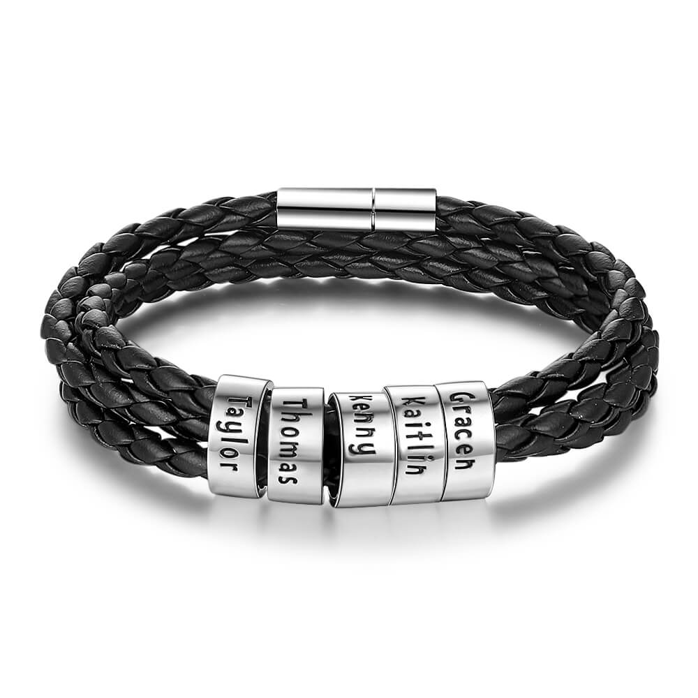 Men's Leather Bracelet, 5 Sterling Silver Beads, Engraved Name Bracelet, IFSHE UK
