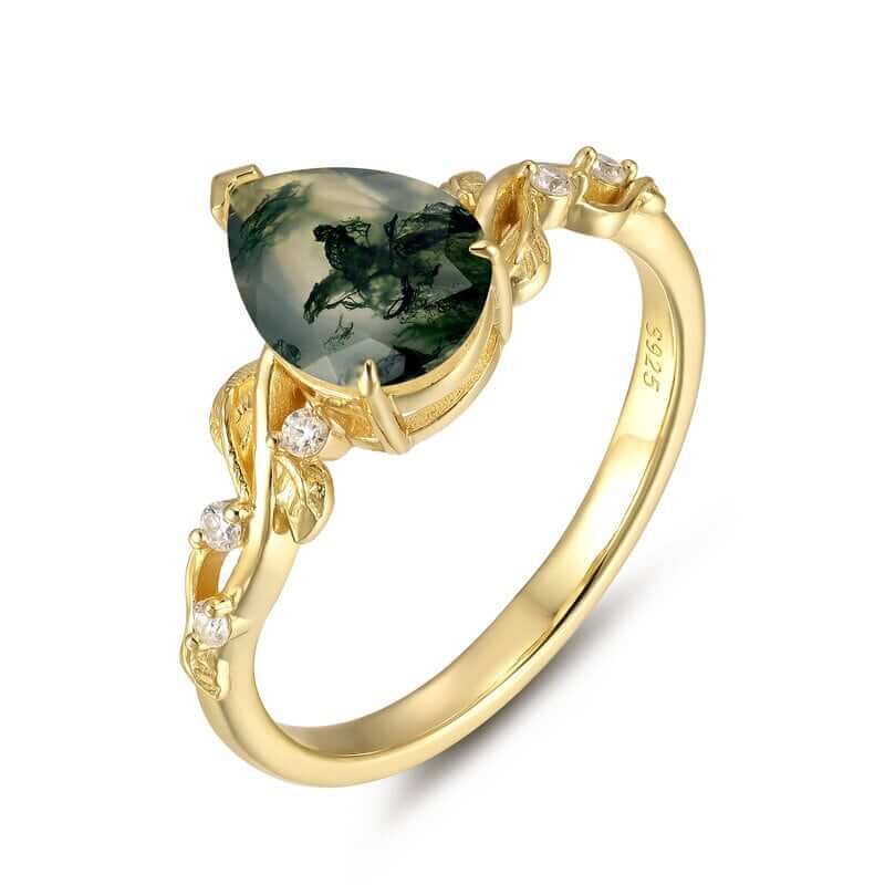 Green Moss Agate Ring Pear Shaped Sterling Silver