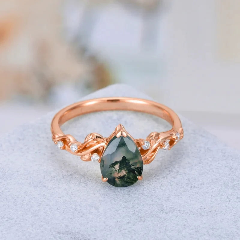 Green Moss Agate Ring Pear Shaped Sterling Silver