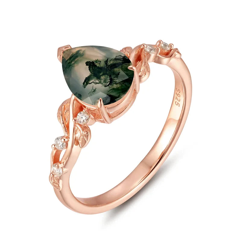 Green Moss Agate Ring Pear Shaped Sterling Silver