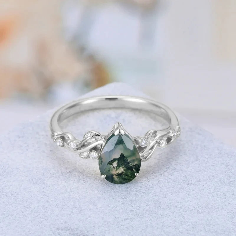 Green Moss Agate Ring Pear Shaped Sterling Silver