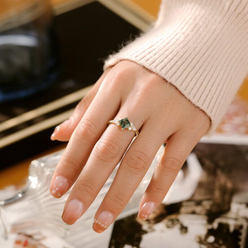 Moss Agate Ring Princess Cut Sterling Silver