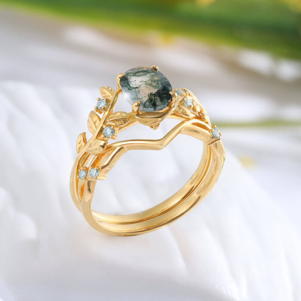 Oval Cut Natural Green Moss Agate Ring Set with Moissanite 18K Gold