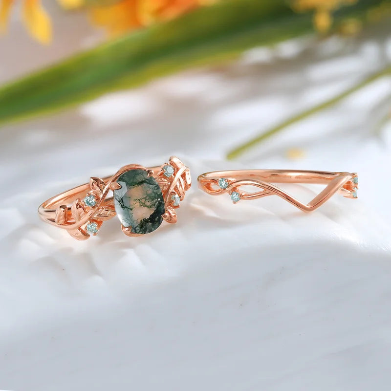 Oval Cut Natural Green Moss Agate Ring Set with Moissanite