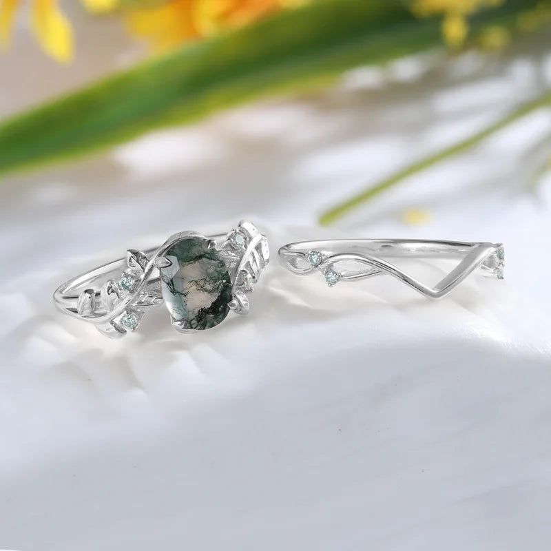 Oval Cut Natural Green Moss Agate Ring Set with Moissanite