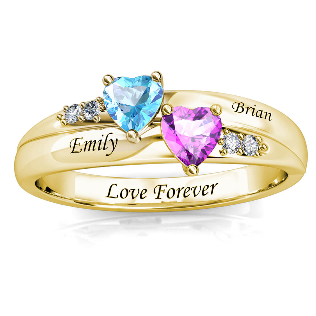 Personalised 2 Birthstone Ring - Engraved Name Ring - Gold - IFSHE