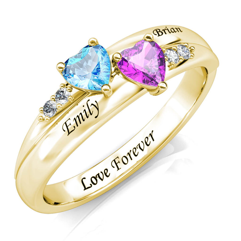 Personalised 2 Birthstone Ring - Engraved Name Ring - Gold - IFSHE