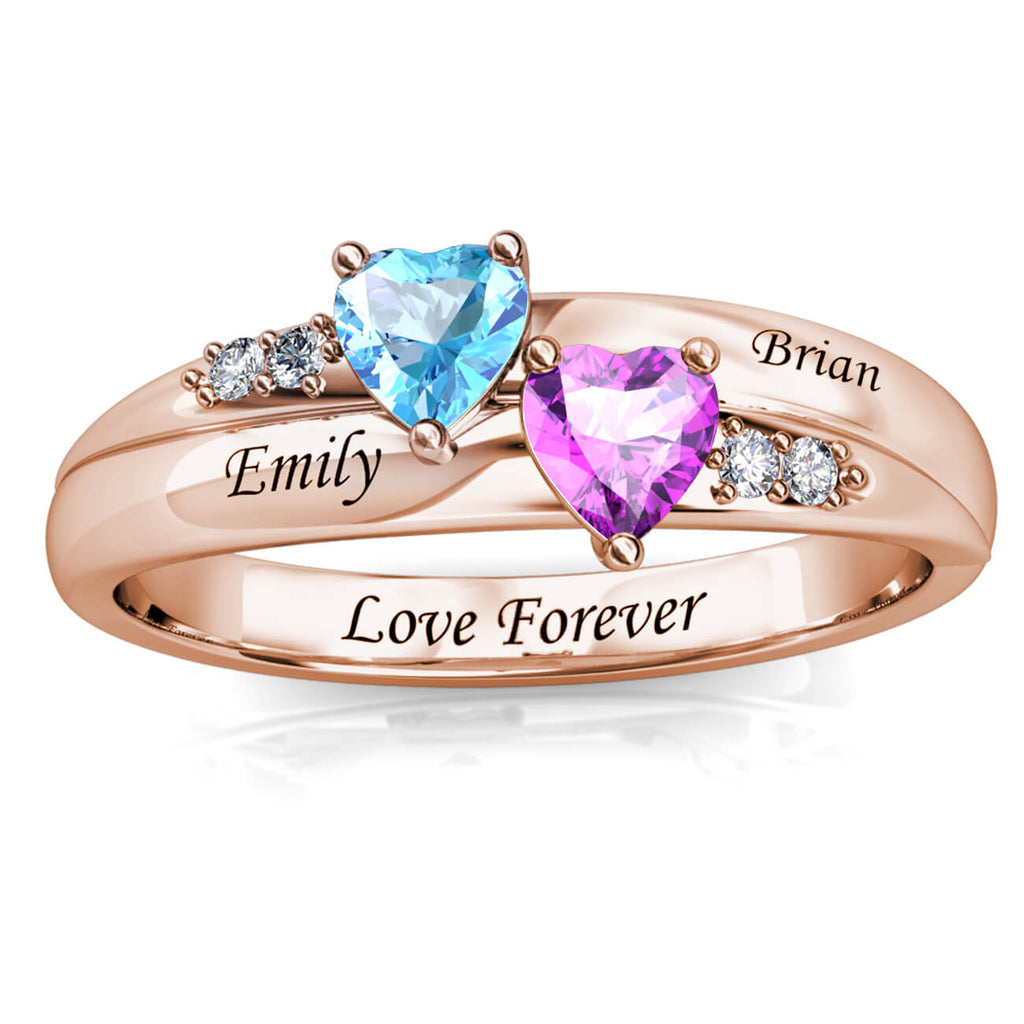 Personalised 2 Birthstone Ring - Engraved Name Ring - Rose Gold - IFSHE