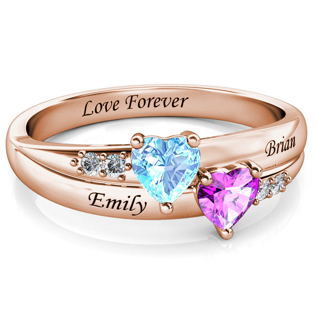 Personalised 2 Birthstone Ring - Engraved Name Ring - Rose Gold - IFSHE