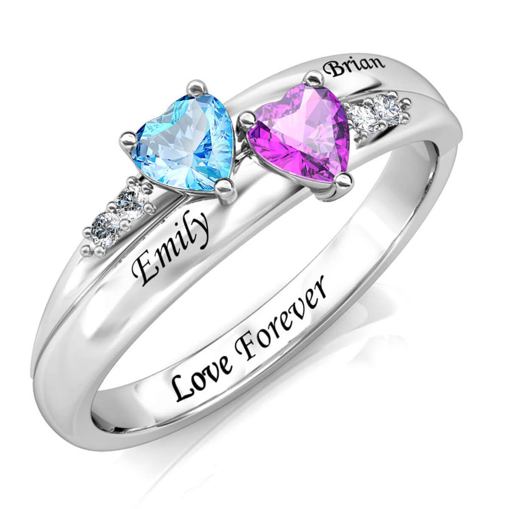 Personalised 2 Birthstone Ring - Engraved Name Ring - IFSHE