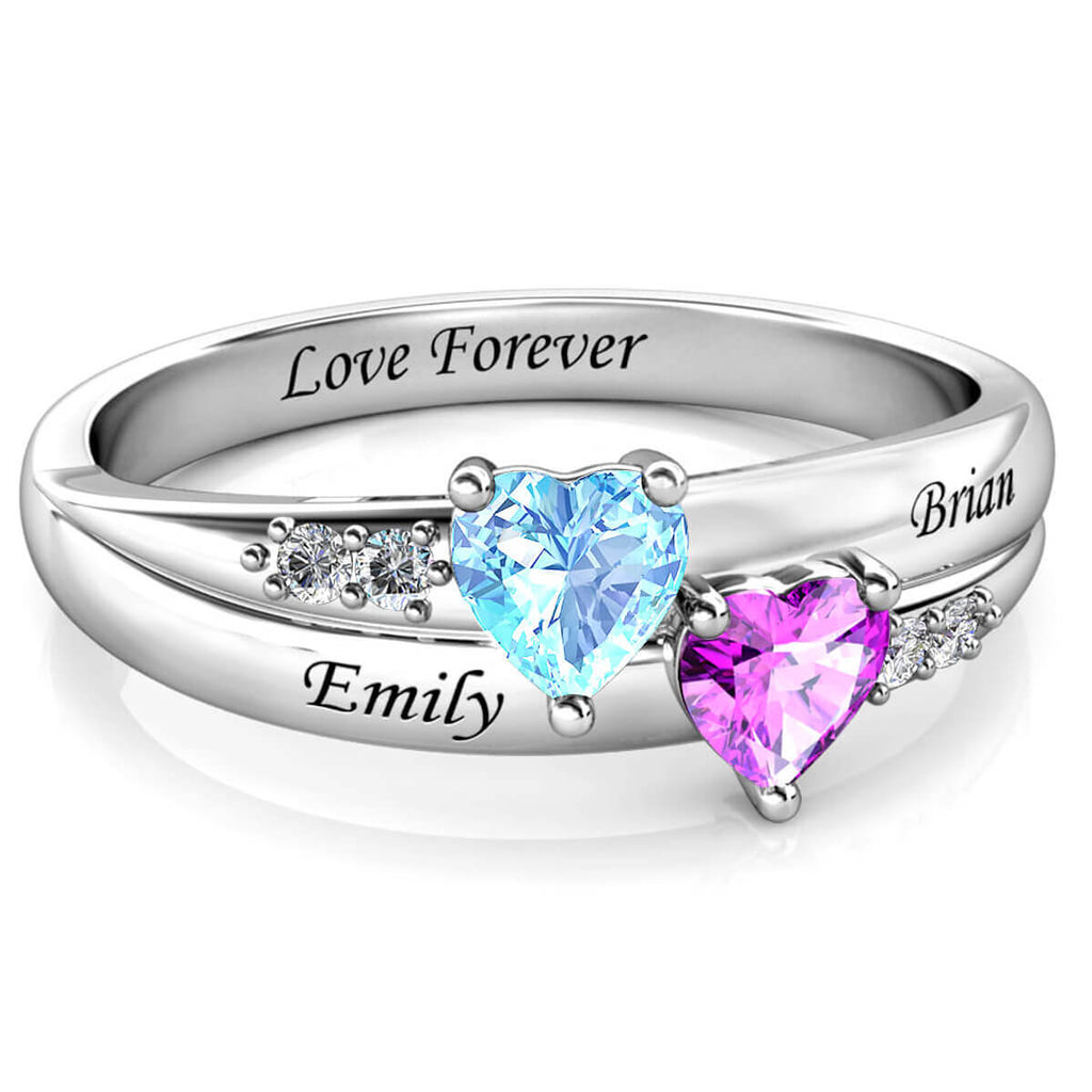 Personalised 2 Birthstone Ring - Engraved Name Ring - IFSHE