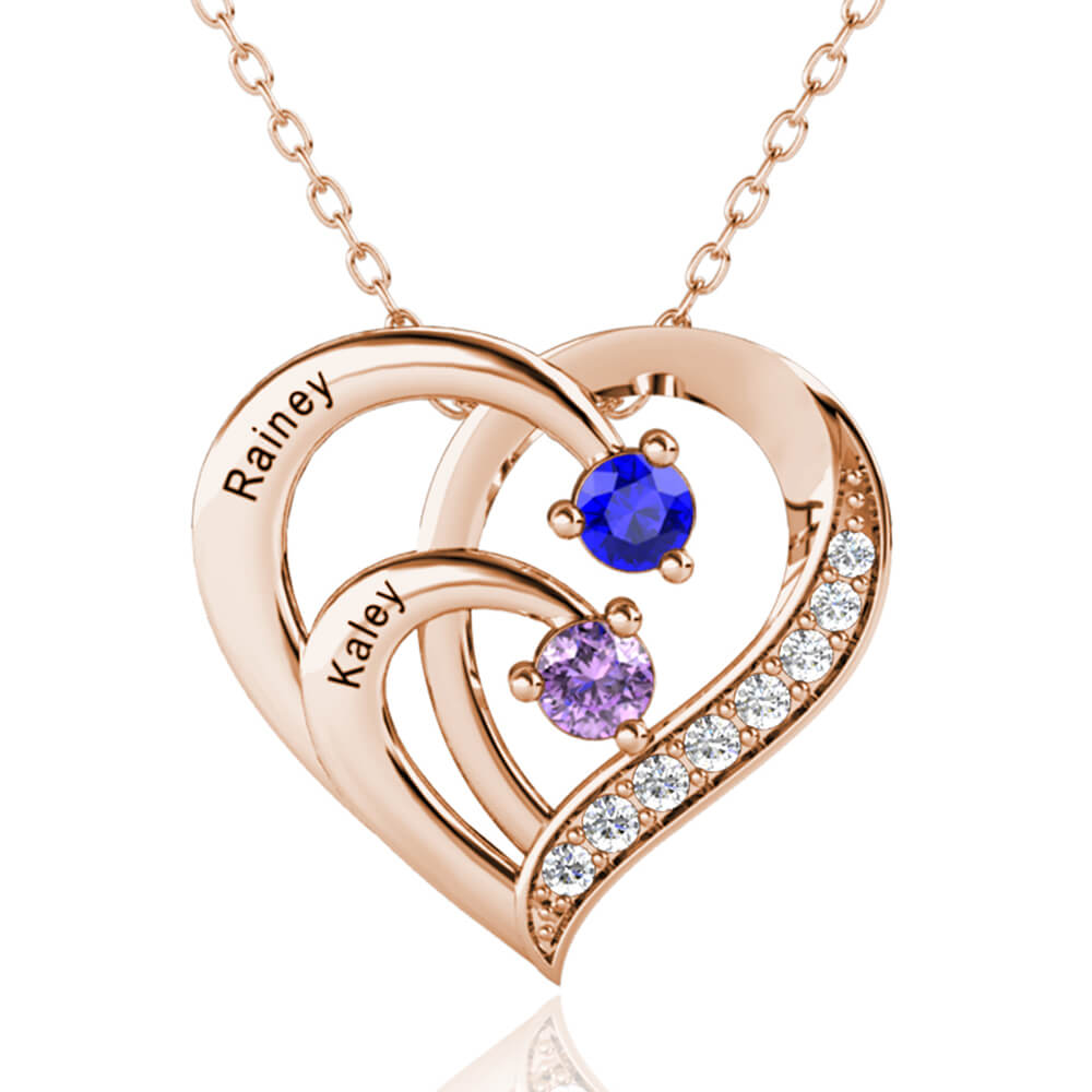Engraved 2 Names Heart Necklace with 2 Birthstones - Rose Gold ...