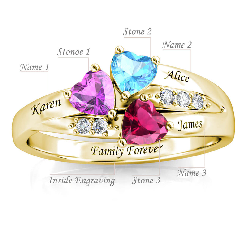 Personalised 3 Birthstone Ring - Engraved Sterling Silver Name Ring - Gold - IFSHE