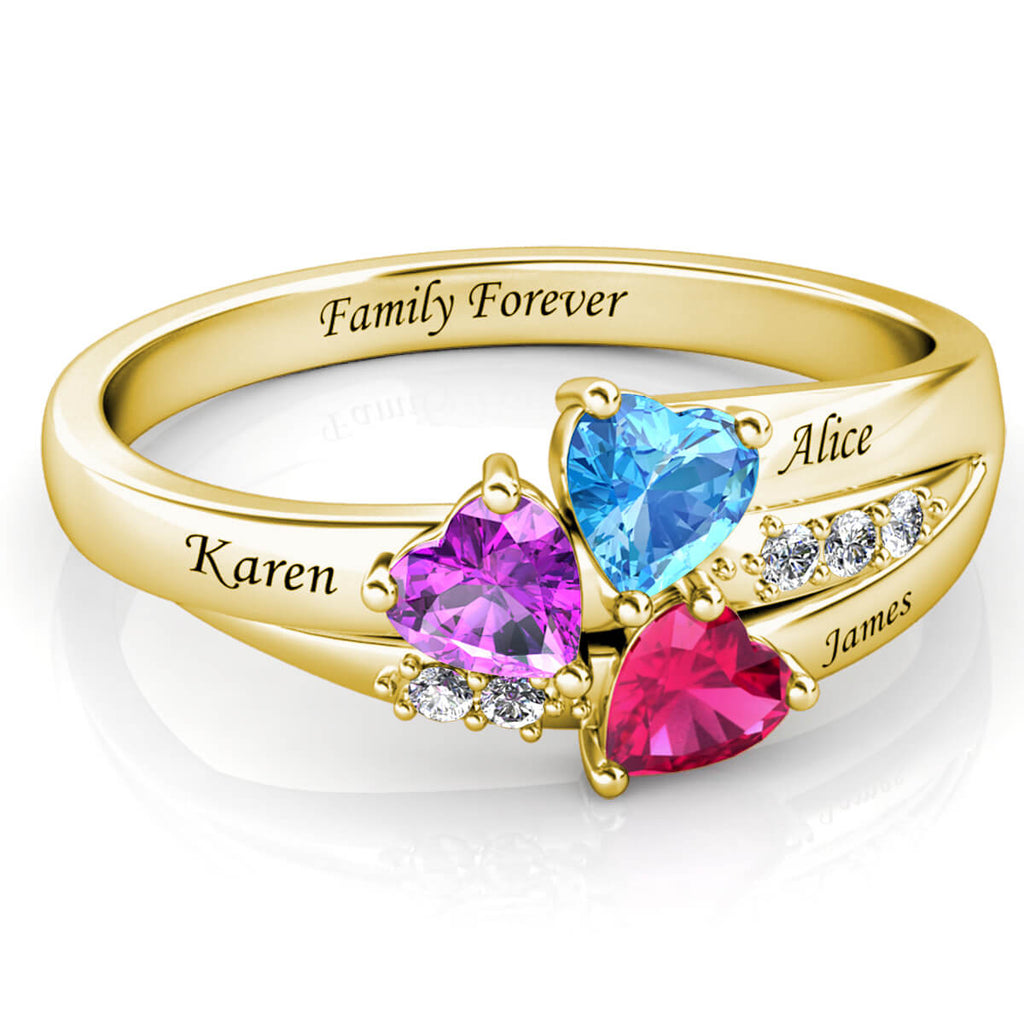 Personalised 3 Birthstone Ring - Engraved Sterling Silver Name Ring - Gold - IFSHE