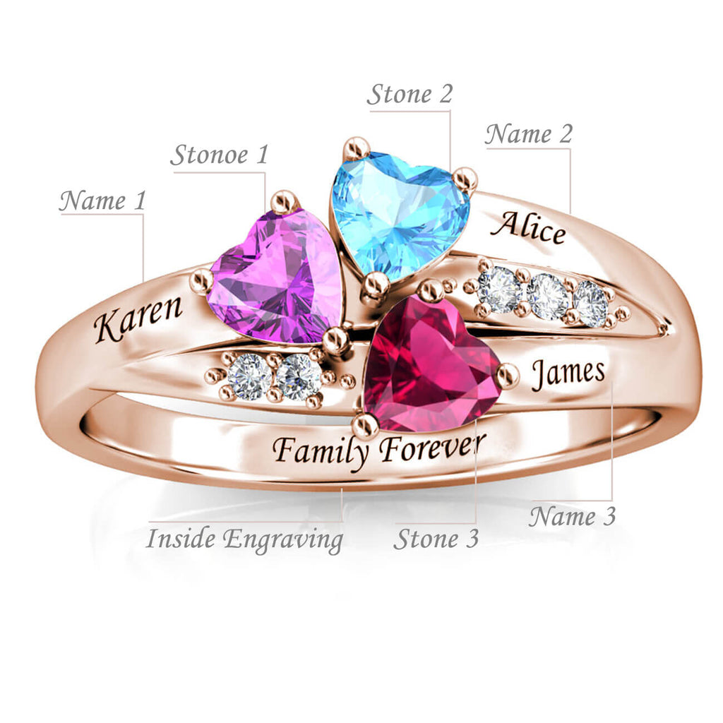 Personalised 3 Birthstone Ring - Engraved Sterling Silver Name Ring - Rose Gold - IFSHE