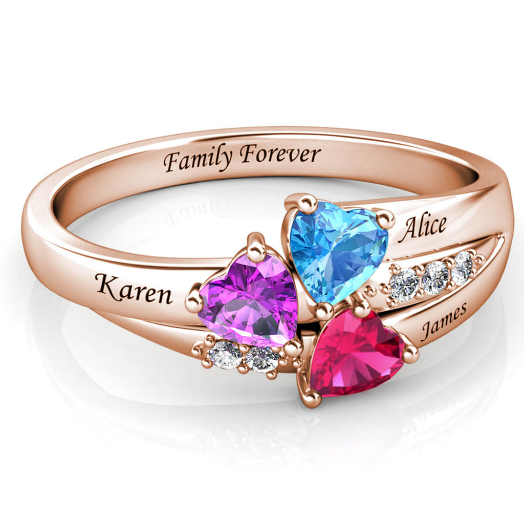 Personalised 3 Birthstone Ring - Engraved Sterling Silver Name Ring - Rose Gold - IFSHE