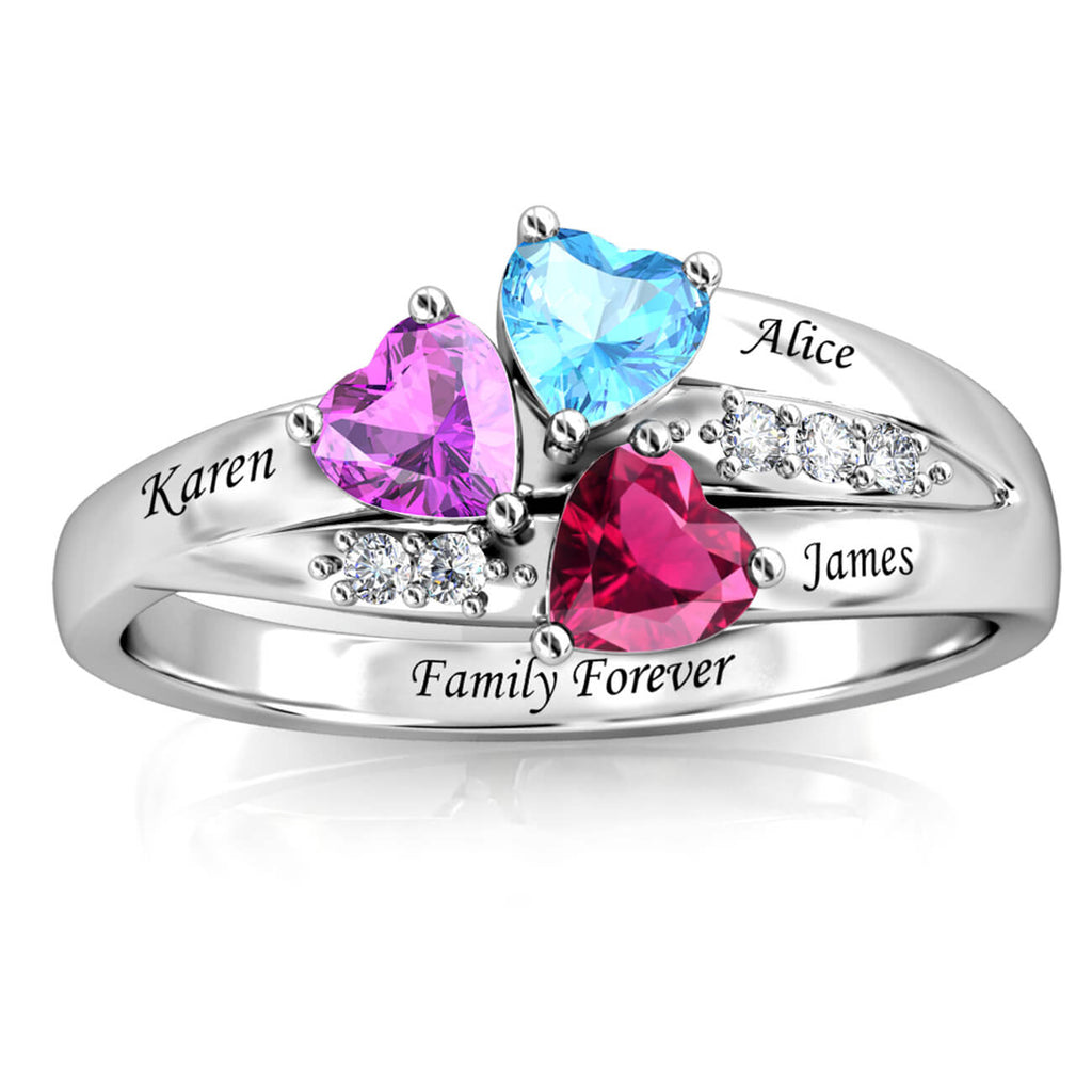 Personalised 3 Birthstone Ring - Engraved Sterling Silver Name Ring - IFSHE