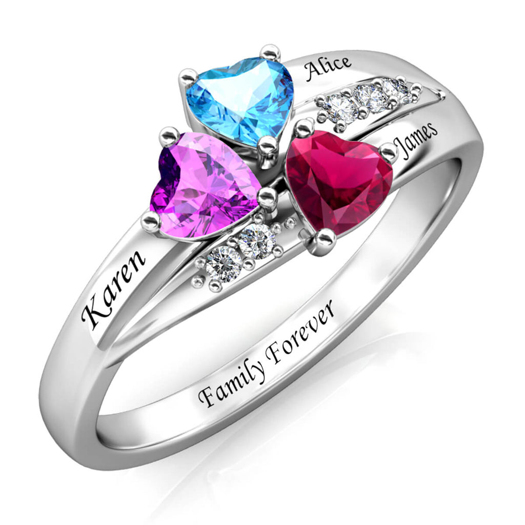 Personalised 3 Birthstone Ring - Engraved Sterling Silver Name Ring - IFSHE