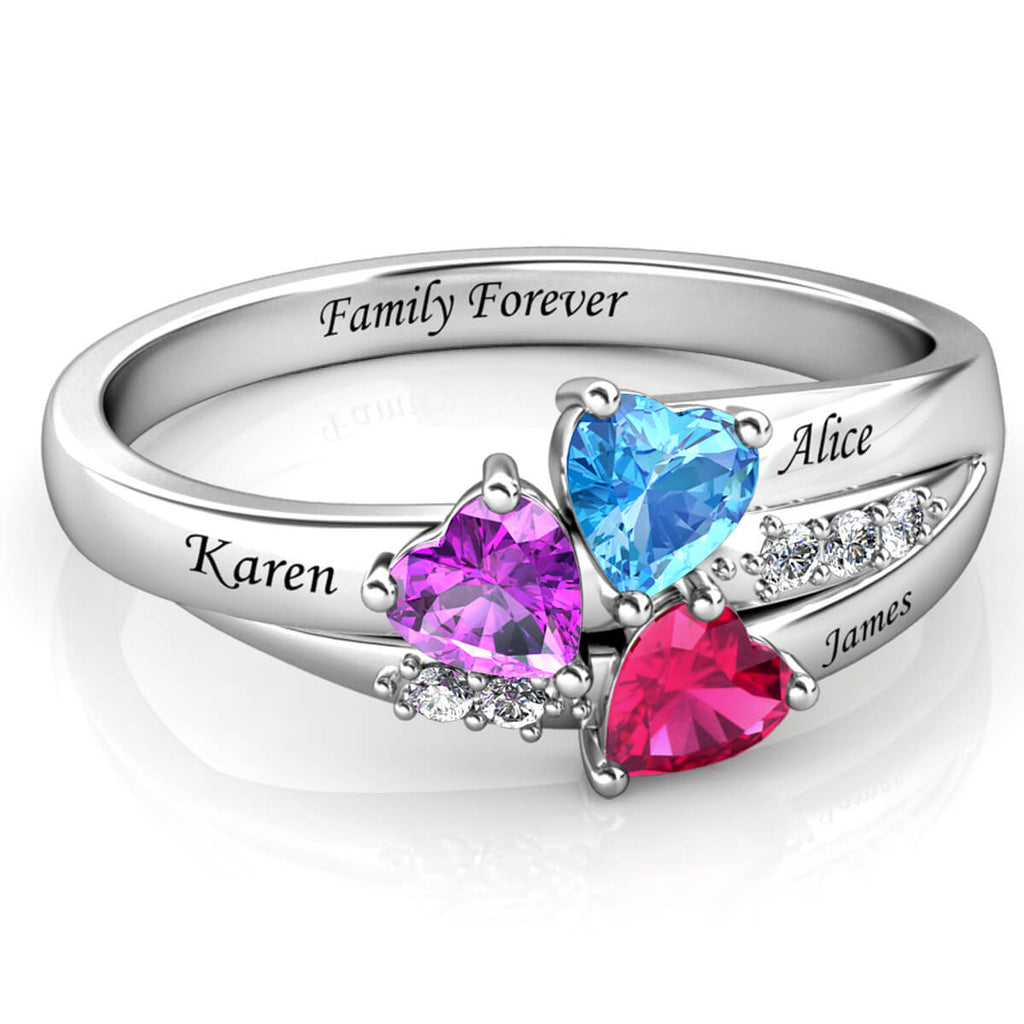 Personalised 3 Birthstone Ring - Engraved Sterling Silver Name Ring - IFSHE