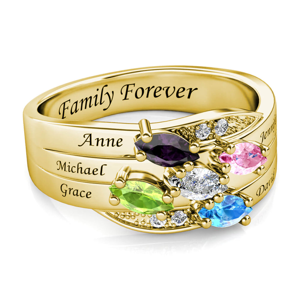 Personalised 5 Birthstone Ring - Engraved Name Ring - Gold - IFSHE